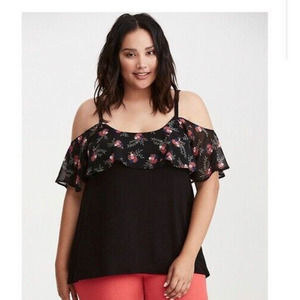 Torrid 1 Floral Black Pink Blue Cold Shoulder Tank‎ Ruffle Top